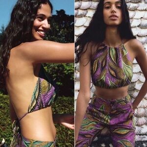 Zara Purple, Green & Brown Paisley Leaf Print Open Back Halter Top